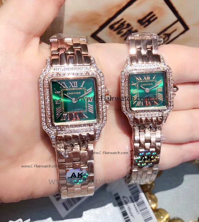 2019 New Cartier Panthere Couple Watch Rose Gold Green Roman Dia
